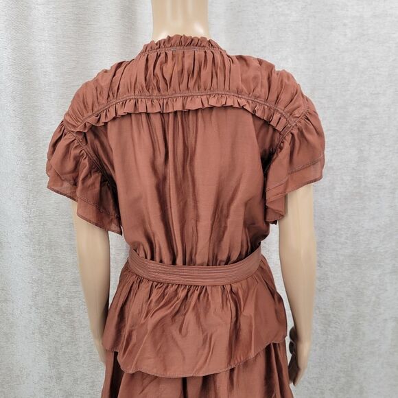 Current Air Flutter Sleeve Tiered Mini Dress Bronze Brown Belted - Picture 11 of 14